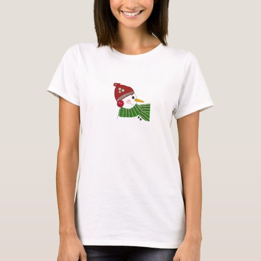 赤い帽子と緑のマフラーをつけた雪だるま Tシャツ (正面)