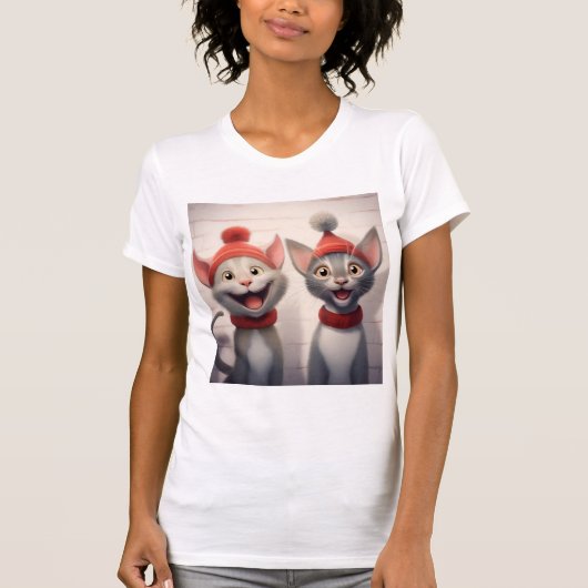 赤い帽子と襟の笑顔のキャラクター猫 Tシャツ (正面)