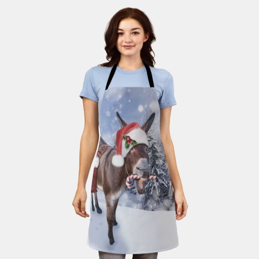 赤い帽子のおもしろいクリスマスロバ エプロン (着用した状態)