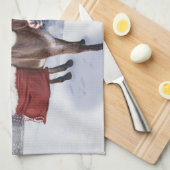 赤い帽子のおもしろいクリスマスロバ キッチンタオル (四つ折り)