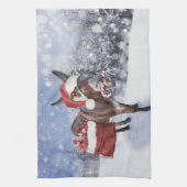 赤い帽子のおもしろいクリスマスロバ キッチンタオル (縦)