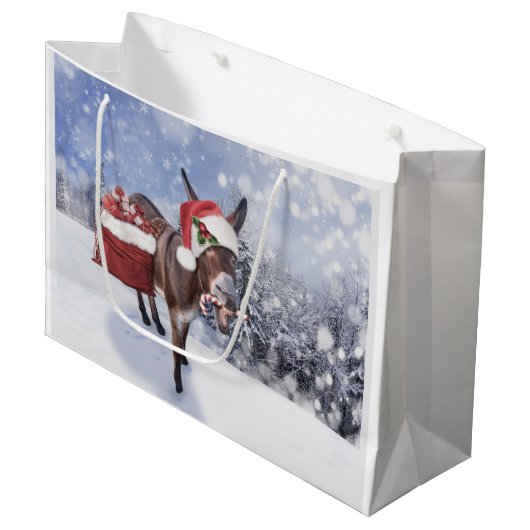 赤い帽子のおもしろいクリスマスロバ ラージペーパーバッグ (正面アングル)