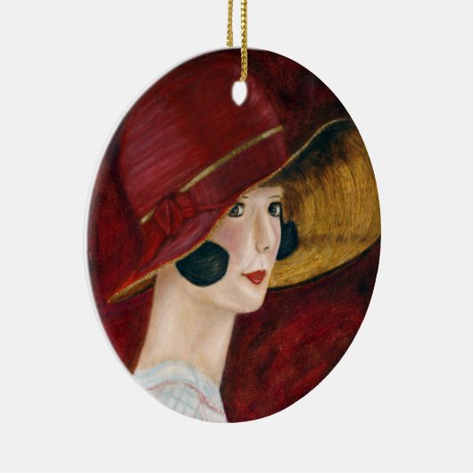 赤い帽子のとどろく二十代の20年代のフラッパーの女の子 セラミックオーナメント (右)