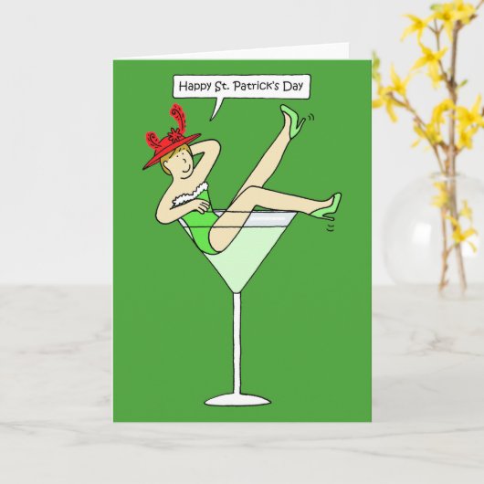 赤い帽子のセントパトリックの日のおもしろいの女性 カード (黄色い花)