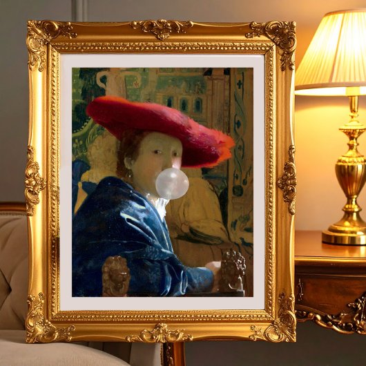 赤い帽子のバブルガ吹ムを着ている女性 ポスター