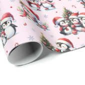 赤い帽子の可愛いペンギンおもしろいピンクのクリスマス ラッピングペーパー (ロールコーナー)
