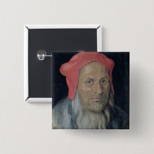 赤い帽子の髭がある人のポートレート、1520年(油 缶バッジ (正面&裏面)