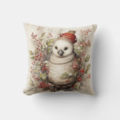 赤い帽子をかぶったかわいい白いクリスマスの鳥 クッション (正面)