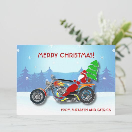 赤い帽子をかぶったクリスマスサンタ乗り用チョッパーバイク シーズンカード (スタンド正面)