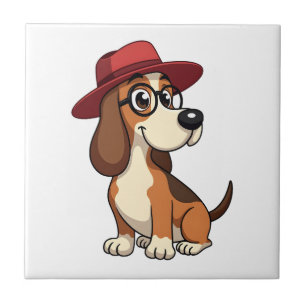 赤い帽子をかぶったヴィンテージ・バセット・ハウンドのキャラクター かわいい犬 I タイル