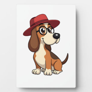 赤い帽子をかぶったヴィンテージ・バセット・ハウンドのキャラクター かわいい犬I フォトプラーク