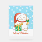 赤い帽子をかぶった白いクリスマス猫 アクリルサイン (正面)