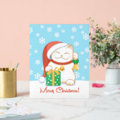 赤い帽子をかぶった白いクリスマス猫 アクリルサイン (ウェディング)