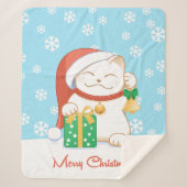 赤い帽子をかぶった白いクリスマス猫 シェルパブランケット (正面)