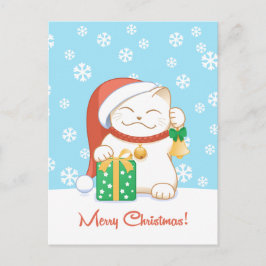 赤い帽子をかぶった白いクリスマス猫 シーズンポストカード