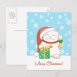 赤い帽子をかぶった白いクリスマス猫 シーズンポストカード