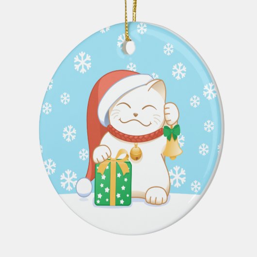 赤い帽子をかぶった白いクリスマス猫 セラミックオーナメント (左)