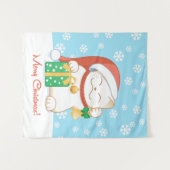 赤い帽子をかぶった白いクリスマス猫 タペストリー (正面(横))