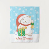 赤い帽子をかぶった白いクリスマス猫 タペストリー (正面)