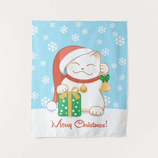 赤い帽子をかぶった白いクリスマス猫 タペストリー (正面)