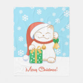 赤い帽子をかぶった白いクリスマス猫 フリースブランケット (正面)