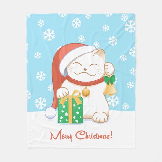 赤い帽子をかぶった白いクリスマス猫 フリースブランケット (正面)