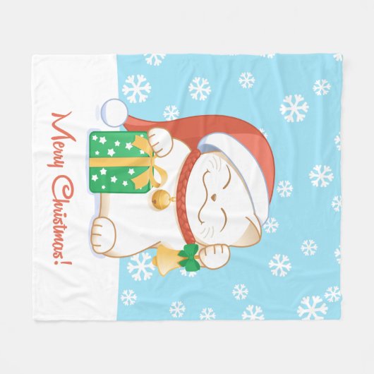 赤い帽子をかぶった白いクリスマス猫 フリースブランケット (正面(横))