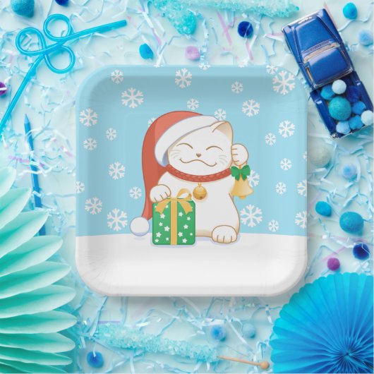 赤い帽子をかぶった白いクリスマス猫 ペーパープレート (パーティー)