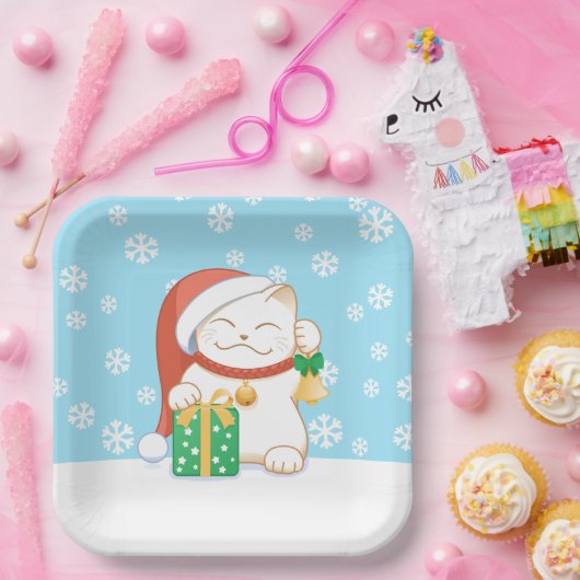 赤い帽子をかぶった白いクリスマス猫 ペーパープレート (パーティー)