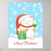 赤い帽子をかぶった白いクリスマス猫 ポスター (正面)