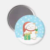 赤い帽子をかぶった白いクリスマス猫 マグネット (正面/裏面)