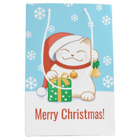 赤い帽子をかぶった白いクリスマス猫 ミディアムペーパーバッグ (正面)