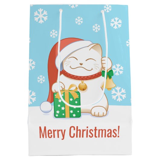 赤い帽子をかぶった白いクリスマス猫 ミディアムペーパーバッグ (裏面)