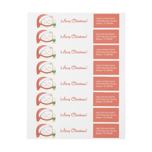 赤い帽子をかぶった白いクリスマス猫 ラップアラウンドラベル (シート)