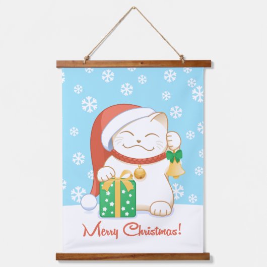 赤い帽子をかぶった白いクリスマス猫 吊り下げ型タペストリー (正面)