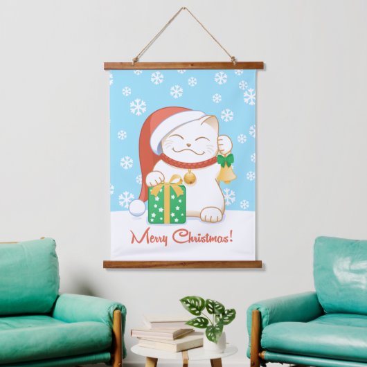 赤い帽子をかぶった白いクリスマス猫 吊り下げ型タペストリー (リビング)