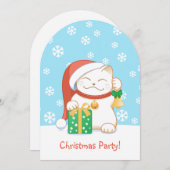 赤い帽子をかぶった白いクリスマス猫 招待状 (正面/裏面)