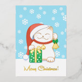 赤い帽子をかぶった白いクリスマス猫 箔シーズンカード (正面)