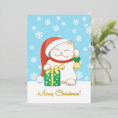 赤い帽子をかぶった白いクリスマス猫 箔シーズンカード (立ち正面)