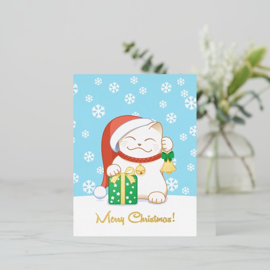 赤い帽子をかぶった白いクリスマス猫 箔シーズンポストカード (立ち正面)