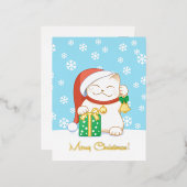 赤い帽子をかぶった白いクリスマス猫 箔シーズンポストカード (正面/裏面)
