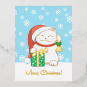 赤い帽子をかぶった白いクリスマス猫 箔シーズンポストカード (正面)