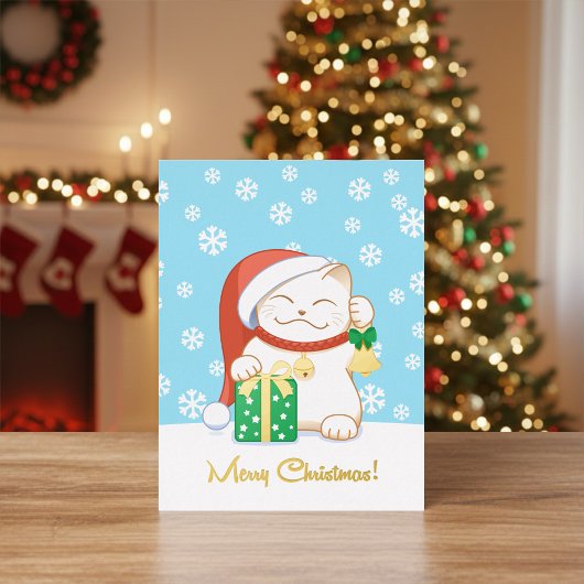 赤い帽子をかぶった白いクリスマス猫 箔シーズンポストカード