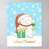 赤い帽子をかぶった白いクリスマス猫 箔ポスター (正面)