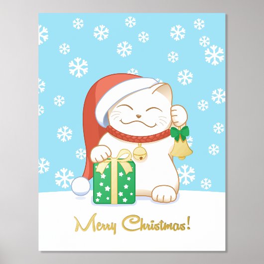 赤い帽子をかぶった白いクリスマス猫 箔ポスター (正面)