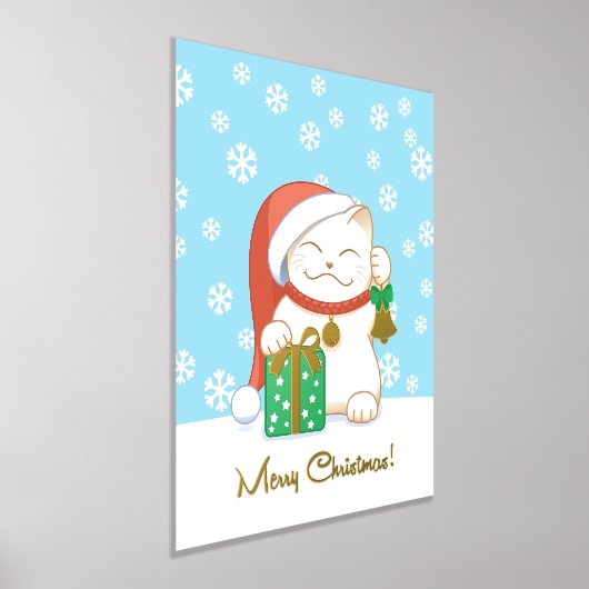 赤い帽子をかぶった白いクリスマス猫 箔ポスター (レイダウン)