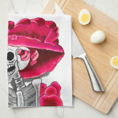 赤い帽子をかぶった笑う骨格女性 キッチンタオル (四つ折り)