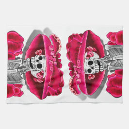 赤い帽子をかぶった笑う骨格女性 キッチンタオル