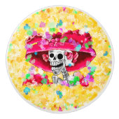 赤い帽子をかぶった笑う骨格女性 セラミックノブ (正面)