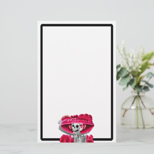 赤い帽子をかぶった笑う骨格女性 便箋 (スタンド正面)